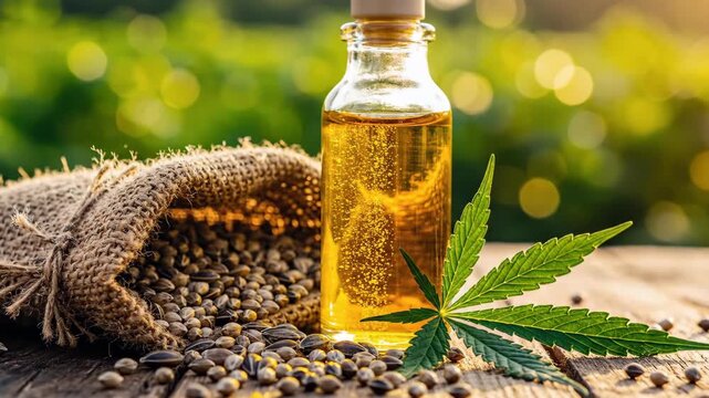 Natural Hemp Oil Extract in Glass Bottle with Seeds in Burlap Sack and Leaf on Rustic Wood Table Sunny Outdoors
