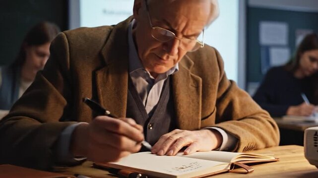 Man in glasses writes in notebook at desk, with students in background