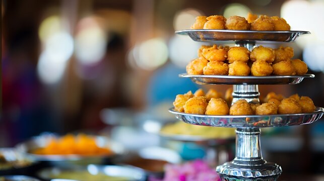 Golden Indian bonda snacks served on a tiered buffet tray
