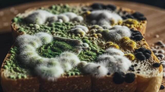 Moldy Bread Slice with Green White and Black Fungi Growth on Wooden Surface Macro Shot