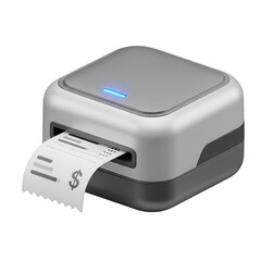 Silver and gray receipt printer with blue light and paper roll
