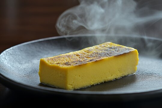 Hot slice of Brazilian cuscuz steaming on dark plate
