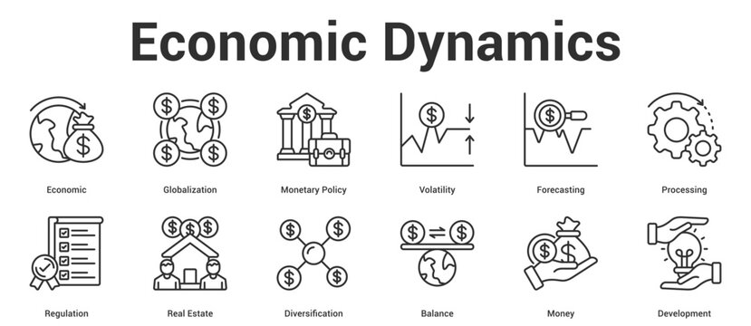 Economic Dynamics icon set collection vector illustration concept for business with icon of Economic, Globalization, Monetary Policy, Volatility, Forecasting, Processing, Regulation, Real Esta.