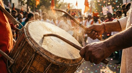 Hands of a musician playing a traditional Indian dhol drum during a vibrant street festival for cultural celebration concept and joyous religious event