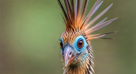 Fototapeta premium A vibrant bird with spiky feathers gazes forward, showcasing its bright blue eye and sharp beak in a natural setting