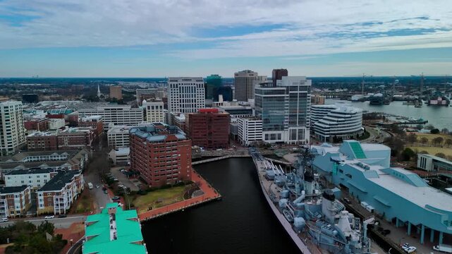 Aerial View of Norfolk Virginia on Elizabeth River and City Skyline