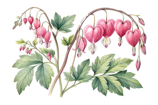 Watercolor Bleeding Heart Flower Painting, Romantic Botanical Clipart, vector illustration isolated on white background