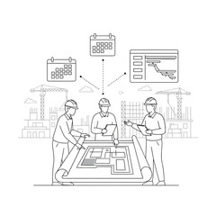 Construction Project Management Planning Vector Illustration | Engineers Reviewing Blueprints, Schedule, and Gantt Chart