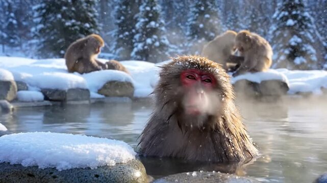 Japanese macaque monkey enjoying a relaxing hot spring bath on a snowy winter day, exhaling steam