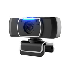 Black and silver webcam with blue L E D light on black background blue LED camera