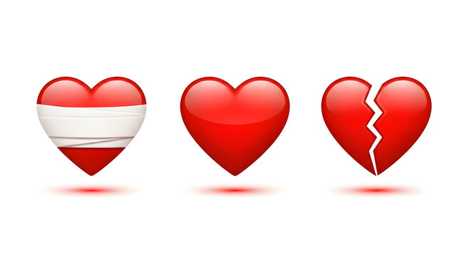 Illustrating different states of a heart, from healthy to broken and healing