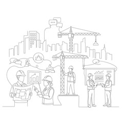 Fototapeta premium Construction Management Line Art: Engineering Teamwork, Planning, and Urban Development Workflow with Tower Cranes and City Skyline.