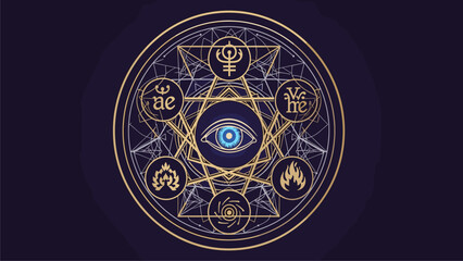 Obraz premium Sacred Geometry Magic Circle with All-Seeing Eye and Esoteric Elemental Symbols