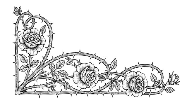 Intricate Thorny Rose Vine Corner Design, Black and White Floral Border Illustration