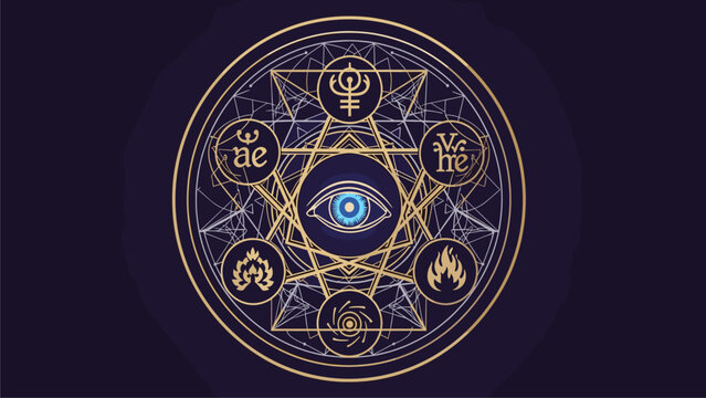 Sacred Geometry Magic Circle with All-Seeing Eye and Esoteric Elemental Symbols