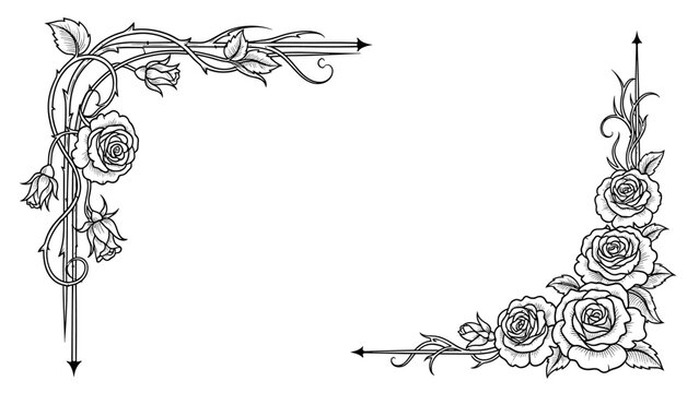 Decorative black and white rose corner ornaments with thorns, elegant floral design elements