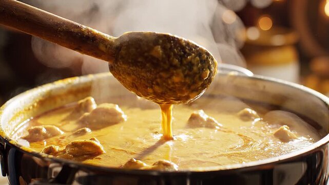 Traditional Indonesian gulai curry simmering in pot with rich golden sauce and steam, symbol of warm family meal, festive Ramadan and Eid al-Fitr celebration, halal food advertising concept