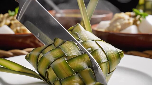 Traditional ketupat rice cake being prepared with woven palm leaves, symbolic food for Ramadan and Eid al-Fitr celebration, Islamic festivity, halal cuisine, and seasonal food advertising