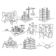 Fototapeta premium Single Continuous Line Drawing of Construction Process: Planning, Building Erection, Management, and Final Business Deal