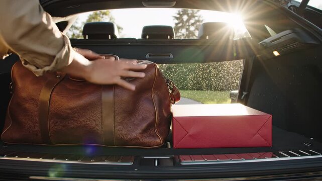 Travel bags packed in car trunk with sunlight, ready for mudik and holiday journey, family travel, road trip, vacation transportation and seasonal travel advertising