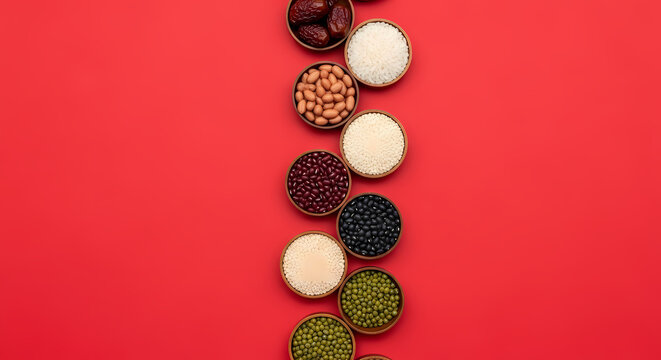 様々な穀物や豆が鮮やかに並ぶ！健康的で美しい食品イメージ