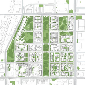 Modern Urban Master Plan Diagram: Architectural Blueprint of Sustainable City Blocks, Residential Housing Layouts, Green Infrastructure, and Parks.