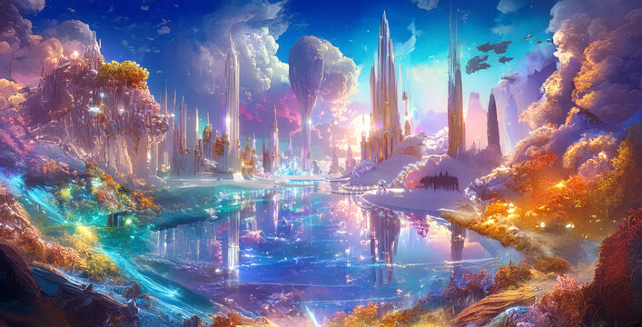 From edge of fantastical fountain studded with countless jewels, generated by having AI select seemingly nonsensical prompts, massive palace made of gold comes view Generative AI rococo style.