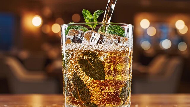 Refreshing iced tea with ice cubes and mint leaves, sparkling bubbles on warm background, perfect drink for Ramadan iftar and buka puasa beverage advertising