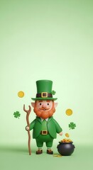 Charming 3D Leprechaun with Pot of Gold and Shamrocks on Green Background.