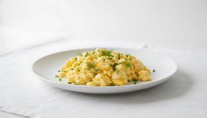Soft scrambled eggs with fresh chives and dill on a white plate.