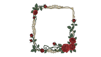 Elegant Red Rose Floral Frame with Ornate Golden Scrollwork Border