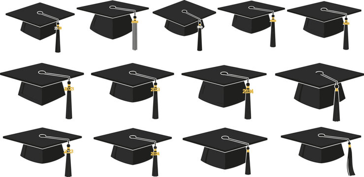 Collection of black graduation caps with tassels arranged in a grid pattern on a clean background