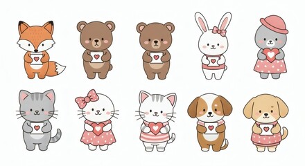 Obraz premium Valentines Animals Clipart Set Featuring Adorable Cartoon Characters in Sweet Outfits