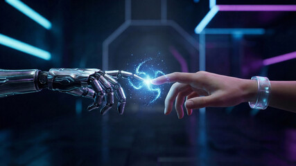 robot hand touching human finger, human robot touch with energy, ai connection spark close up, futuristic cyborg hand reach