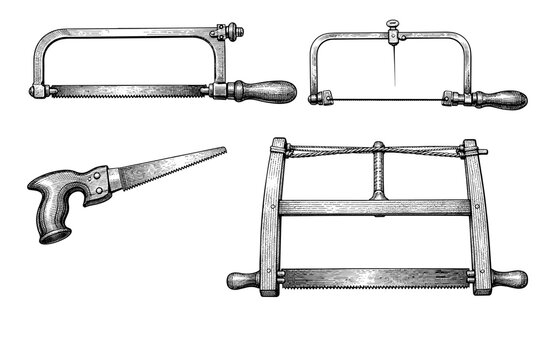 Vintage hand saws collection: hacksaw, coping saw, bow saw, and hand saw illustrations