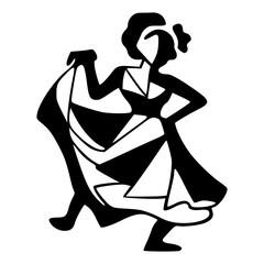 stylized black and white icon of a lady performing folk dance