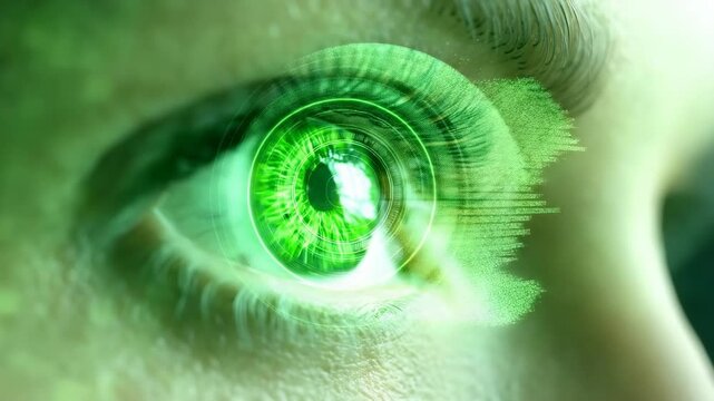 Close-up of green eye with futuristic glowing effect