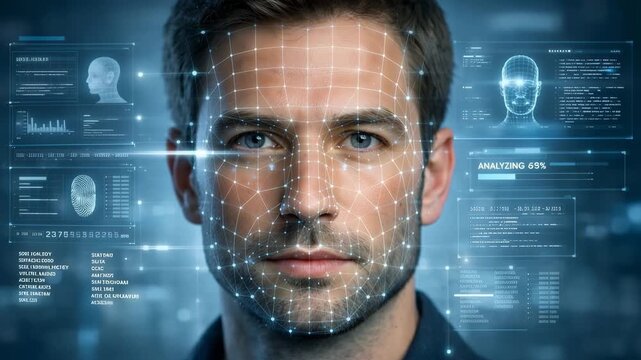 Facial recognition technology analyzing man's face with futuristic interface