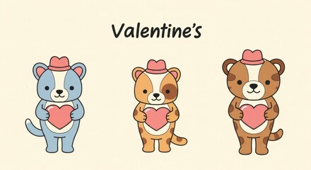 Obraz premium Valentines Animals Clipart Featuring Adorable Cartoon Bears Holding Hearts in a Sweet Illustration