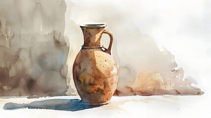 flat watercolor painting clay water jug