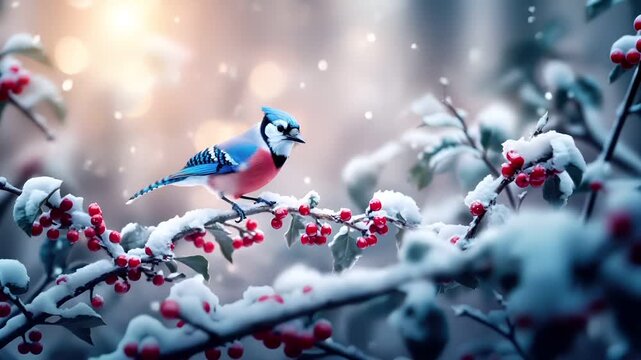 blue jay in snow with red berries.