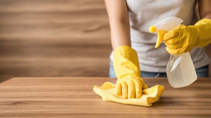 A person wearing yellow gloves cleans a wooden surface with a cloth and spray cleaner, showcasing a tidy and organized cleaning routine.
