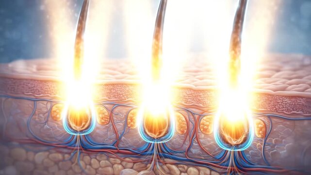 Detailed hair follicle anatomy with glowing roots and skin layers