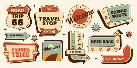 Retro sticker set. American highway and road trip signs, travel arrows, welcome badges and vintage direction signs. Vector illustration in mid century 1950s style