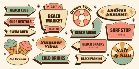 Obraz premium Retro sticker set. Summer beach roadside signs, surf stop, beach market, cold drinks, ice cream, arrows and vacation badges. Isolated Vector illustration in vintage colors mid century 1950s style
