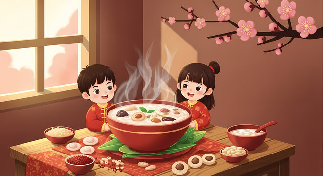 美味しそうなラバ粥が食卓に並び、子供たちが嬉しそうに見つめている様子