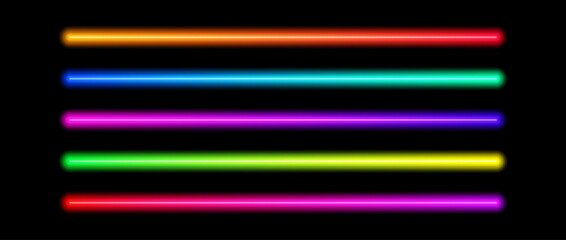Shining gradient neon tube lamp set. Iridescent led light line beam collection. Bright luminous fluorescent bar sticks. Glowing colorful strip element pack to divide, separate, decorate. Vector © vika_k