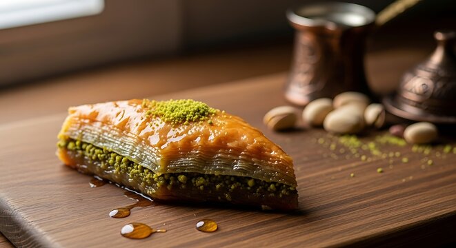 Honey Pistachio Baklava Dessert with Turkish Coffee Pot and Nuts pastry sweet