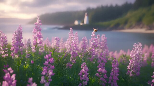 Spring booming. Life. New hope. Season. A vivid, digitally rendered landscape featuring a serene seascape with a lighthouse in the distance.
