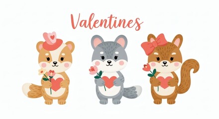 Obraz premium Cute cartoon animals with valentines gifts and flowers for Valentines Animals Clipart
